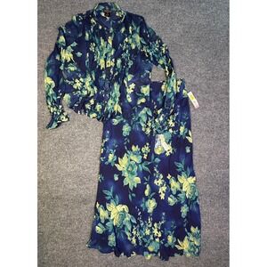 Francesca Rose Floral 2 Piece Set Navy Yellow Smocked Top M Maxi Skirt L NWT